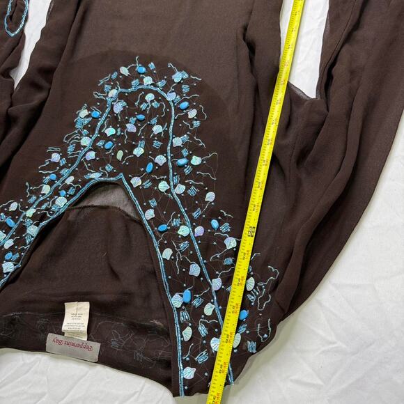 Vintage brown blue peppermintBay long sleeve beaded sheer top - Picture 5 of 8